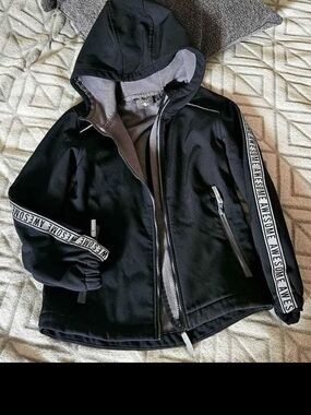 Boys Jacket.Size 7-8 Years.Black Hooded Jacket with 'Awesome' Sleeve Tape